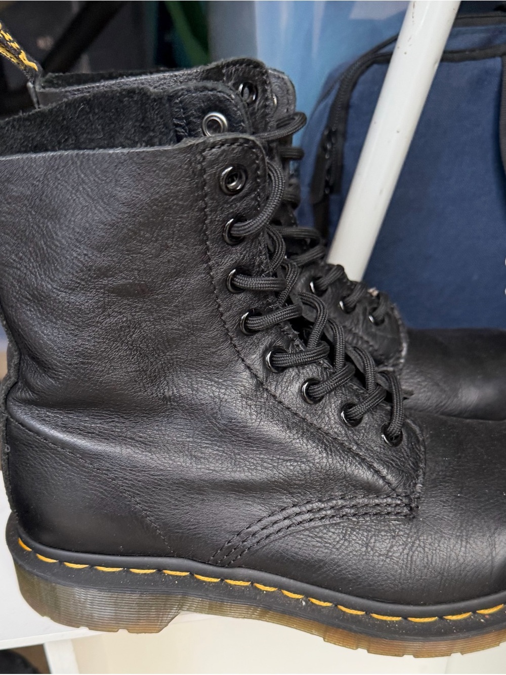 Dr. Martens Black Leather 8-Eye Lace-Up Boots with Yellow Stitching